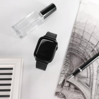 【Watchband】Apple Watch 全系列通用錶帶 蘋果手錶替用錶帶 黑鋼磁吸扣 外層皮革 內層橡膠錶帶(黑色)