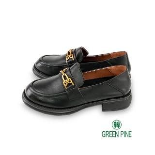【GREEN PINE】全真皮擦色兩穿寬楦粗跟樂福鞋黑色(00338336)
