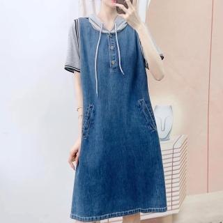 【JC Collection】舒適棉料抽繩連帽寬鬆袖口假兩件連衣裙(牛仔藍)