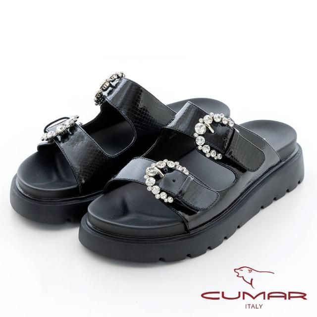【CUMAR】壓紋皮革小鑽扣厚底涼拖鞋(黑色)