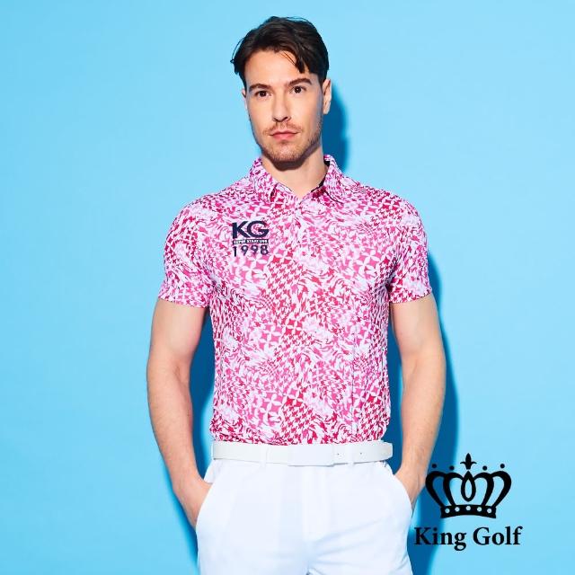 【KING GOLF】實體同步款-男款千鳥格滿版印圖KG印花短袖POLO衫/高爾夫球衫(粉色)