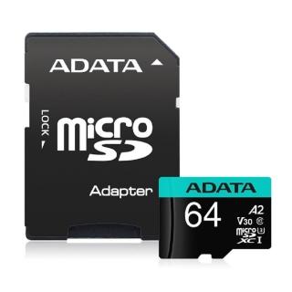 【ADATA 威剛】Premier Pro microSDXC UHS-I U3 A2 V30 64G記憶卡(附轉卡)
