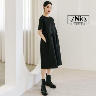 【iNio 衣著美學】洋裝 春夏新品 現貨 假兩件 拼接 短袖連身裙(CDW3010)