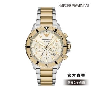 【EMPORIO ARMANI 官方直營】Diver 魅眼風潮三眼手錶 金色x銀色不鏽鋼鍊帶 43MM AR11606