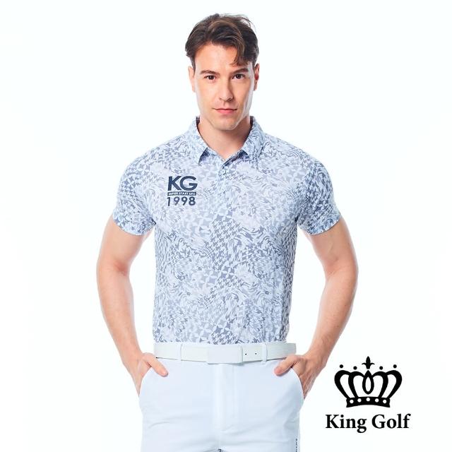 【KING GOLF】速達-實體同步款-男款千鳥格滿版印圖KG印花短袖POLO衫/高爾夫球衫(灰色)
