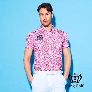 【KING GOLF】速達-實體同步款-男款千鳥格滿版印圖KG印花短袖POLO衫/高爾夫球衫(粉色)