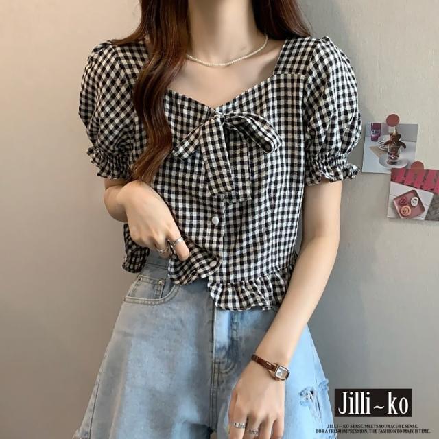 【JILLI-KO】法式格子設計感泡泡袖短款上衣-F(黑)