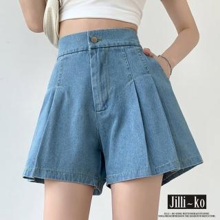 【JILLI-KO】鬆緊高腰牛仔A字闊腿短褲-L/XL(淺藍)