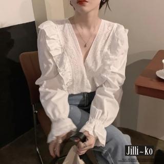 【JILLI-KO】韓國風荷葉邊蕾絲拼接V領設計感襯衫-M/L(白)