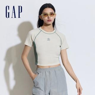 【GAP】女裝 Logo印花圓領短袖T恤 短版上衣-米色(889920)