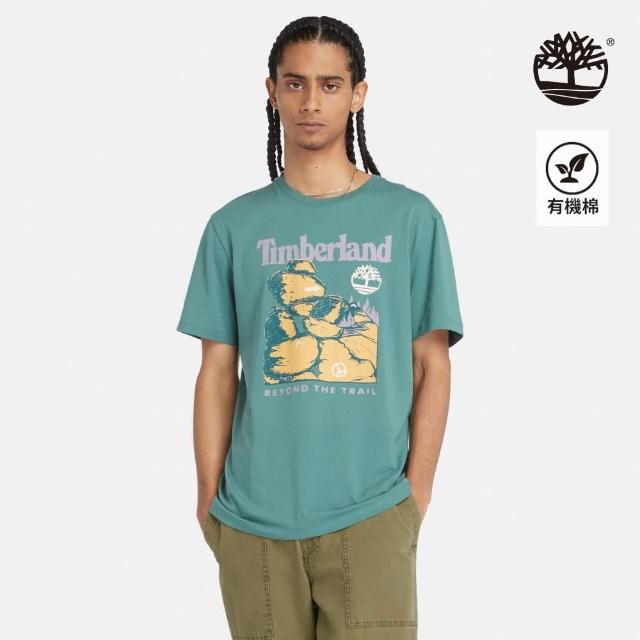 【Timberland】男款藍綠色正面插畫短袖T恤(A64C7CL6)