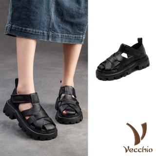 【Vecchio】真皮涼鞋 厚底涼鞋/真皮頭層牛皮復古米字編織設計厚底涼鞋(黑)