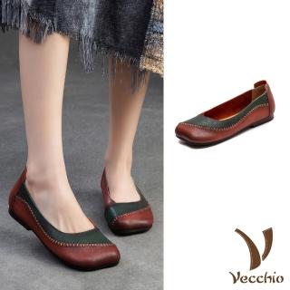 【Vecchio】真皮便鞋 低跟便鞋/全真皮羊皮個性手工縫線拼接方頭低跟便鞋(綠)