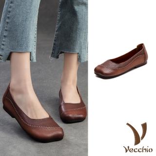 【Vecchio】真皮便鞋 低跟便鞋/全真皮羊皮個性手工縫線拼接方頭低跟便鞋(紅)