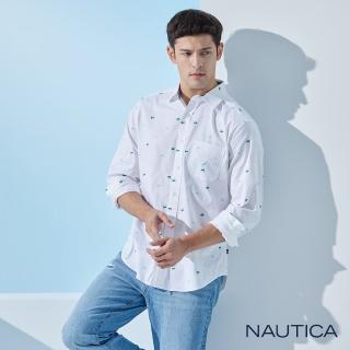 【NAUTICA】男裝 夏日風格滿版印花長袖襯衫(白色)