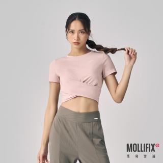 【Mollifix 瑪莉菲絲】下擺交疊短袖上衣、瑜珈服、瑜珈上衣、運動服(落櫻粉)