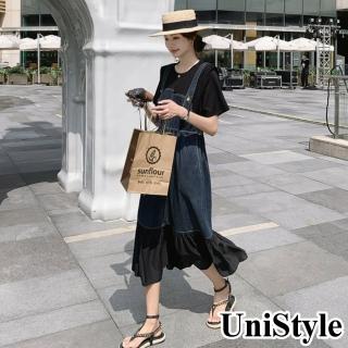 【UniStyle】假兩件牛仔拼接短袖洋裝 韓系設計感收腰顯瘦連身裙 女 ZMC203-2001(藍)