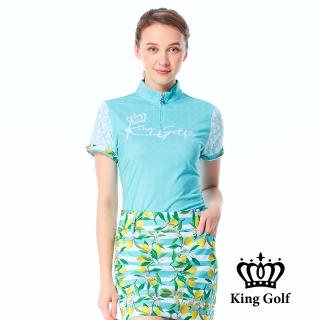 【KING GOLF】實體同步款-女款圈圈底紋拼接撞色袖口印花立領拉鍊POLO衫/高爾夫球衫(綠色)