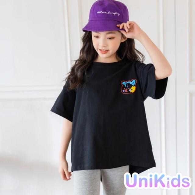 【UniKids】中大童裝短袖T恤 萌熊不規則下擺  女大童裝 VWYW2030(黑上衣)