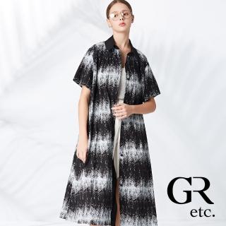 【GLORY21】品牌魅力款-etc.雙色橫紋開襟翻領短袖洋裝(黑色)