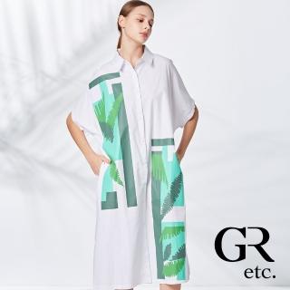 【GLORY21】品牌魅力款-etc.幾何彩繪印染開襟翻領短袖洋裝(白色)