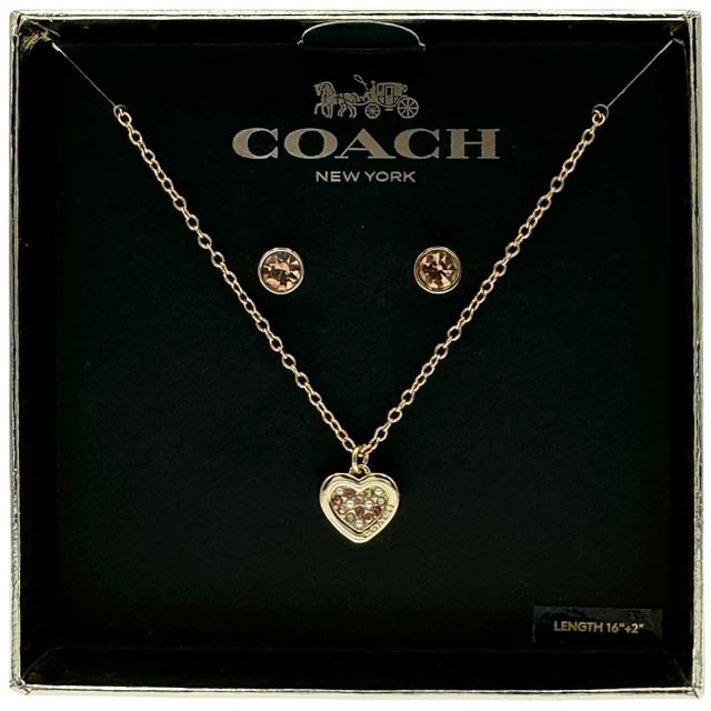 【COACH】愛心彩色玻璃水鑽項鍊+圓形水鑽針式耳環禮盒組