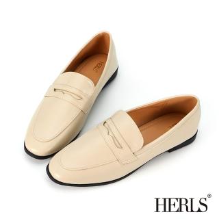 【HERLS】樂福鞋-簡約橢圓頭便仕平底樂福鞋(米色)