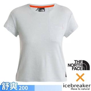 【Icebreaker】女 100%美麗諾羊毛 圓領短袖上衣_口袋200_The North Face聯名款.T恤(IB0A56VQ-568 淺灰)