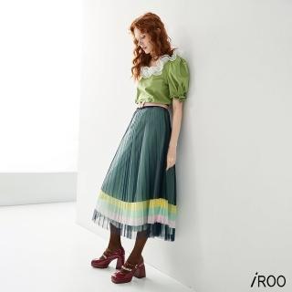 【iROO】彩虹條傘狀網紗摺裙