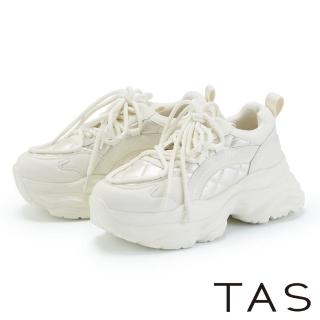 【TAS】牛皮拼接羽絨布綁帶老爹厚底休閒鞋(米色)