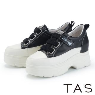 【TAS】三條帶魔鬼氈牛皮內增高厚底休閒鞋(黑色)