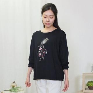 【Hana Mokuba】花木馬日系女裝大圓領趣味貼布印繡花休閒長袖上衣(T恤)