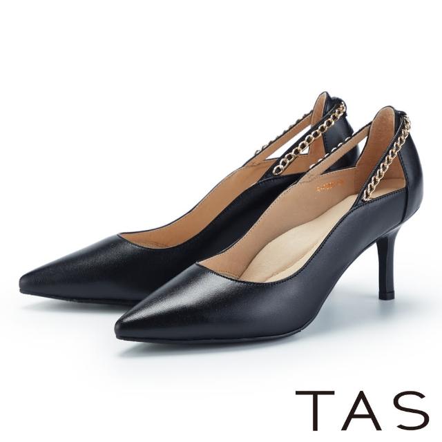 【TAS】精緻鍊條羊皮尖頭高跟鞋(黑色)