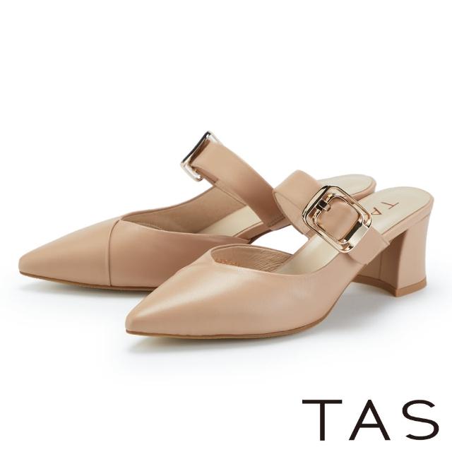 【TAS】俐落金屬皮帶尖頭中跟穆勒鞋(裸色)