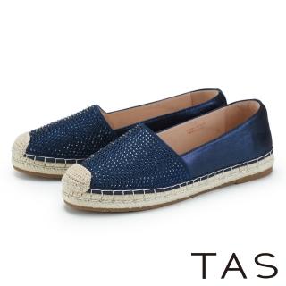 【TAS】閃耀燙鑽羊皮草編平底休閒鞋(藍色)