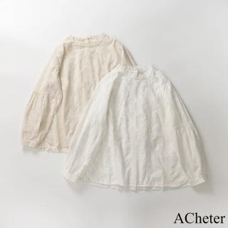 【ACheter】全棉襯衫文藝復古蕾絲花邊寬鬆氣質長袖短版上衣#121385(白/杏)