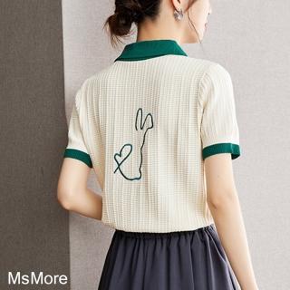 【MsMore】POLO領針織短袖上衣撞色設計感兔子短版#121300(杏)