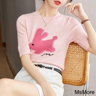 【MsMore】短款粉色減齡圓領時尚少女學院風短袖針織上衣#121303(粉紅)