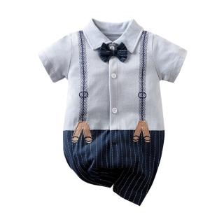 【JoyNa】造型連身短袖包屁衣 童裝 嬰兒連身衣 灰藍紳士款(開扣設計/方便穿脫)