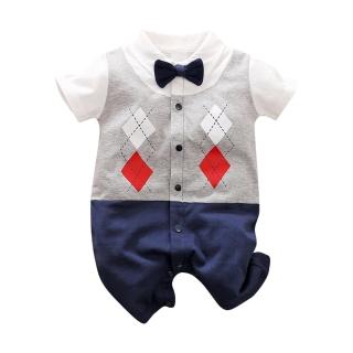 【JoyNa】造型連身短袖包屁衣 童裝 嬰兒連身衣 格子紳士款(開扣設計/方便穿脫)