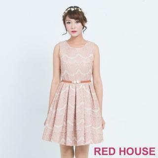 【RED HOUSE 蕾赫斯】繡花蕾絲無袖洋裝-不含腰帶(卡其色)