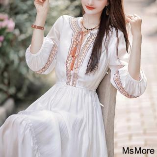 【MsMore】白色仙女天絲感波西米亞風V領七分袖連身裙長版洋裝#121578(白)