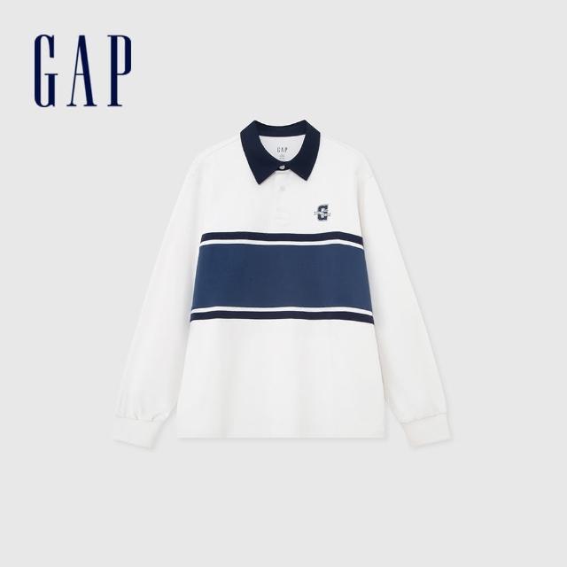 【GAP】男裝 Logo純棉印花長袖POLO衫-米白色(885524)