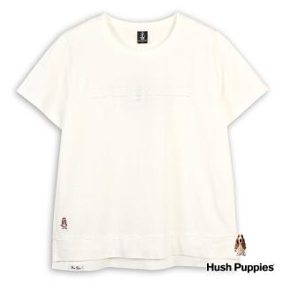 【Hush Puppies】女裝 上衣 素色品牌英文凹凸鋼模刺繡小狗短袖上衣(米白 / 43210103)