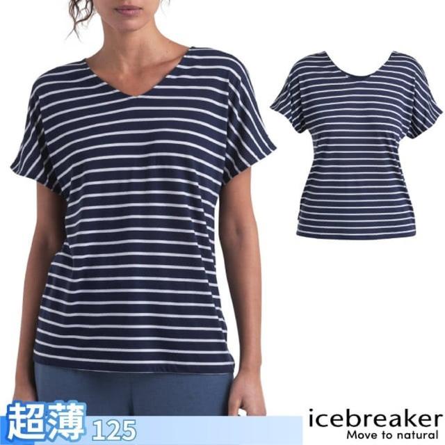 【Icebreaker】女 美麗諾羊毛 Drayden Cool-Lite 雙面穿圓領短袖上衣(IB0A56ZW-329 深藍/白條紋)