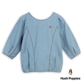 【Hush Puppies】女裝 襯衫 U領澎澎袖牛仔小狗襯衫(淺藍 / 43212110)