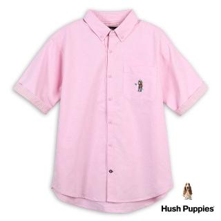 【Hush Puppies】男裝 襯衫 趣味衝浪狗刺繡寬版短袖襯衫(淺粉紅 / 43112108)