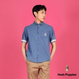 【Hush Puppies】男裝 襯衫 趣味衝浪狗刺繡寬版牛仔短袖襯衫(藍色 / 43112108)