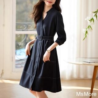 【MsMore】簡約時尚通勤連身裙設計感氣質長袖中長版洋裝#121248(藏青)