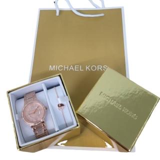 【Michael Kors】Michael Kors Mini Gabbi 密鑲玫瑰金色手錶與心型手鍊套裝組(手鏈手錶禮盒/贈原廠紙袋)